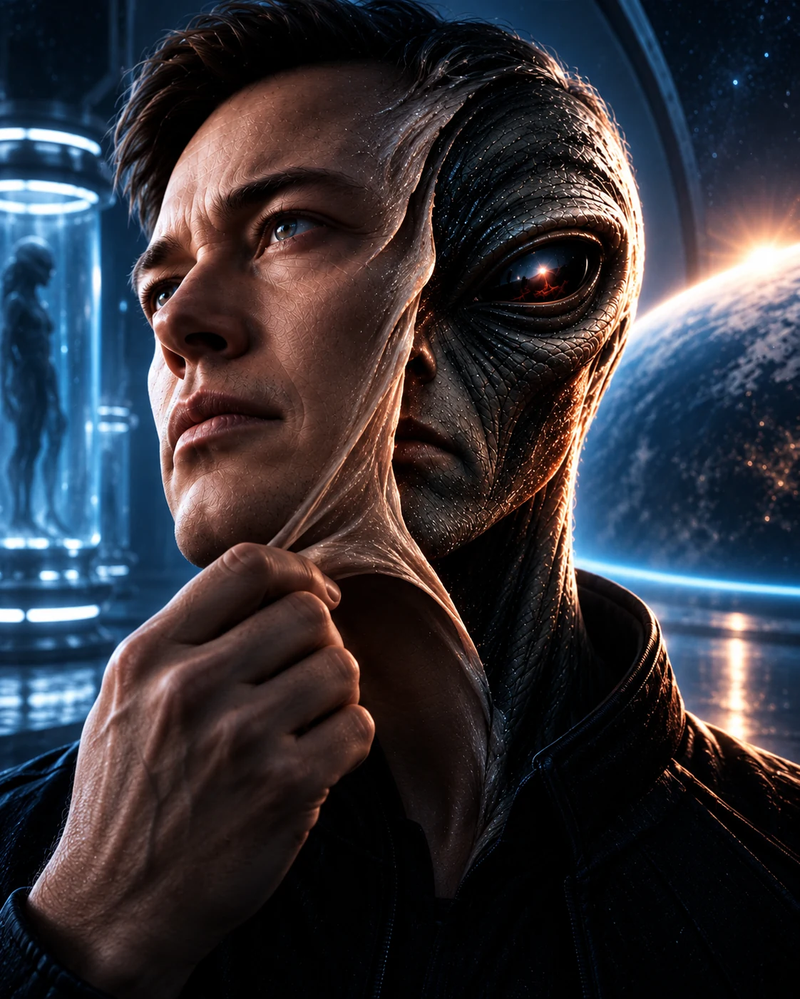 A human disguise peeling away to reveal the alien identity beneath