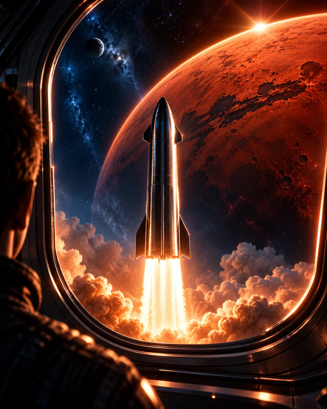 A deep-space launch vehicle rising toward Mars during the transmission window