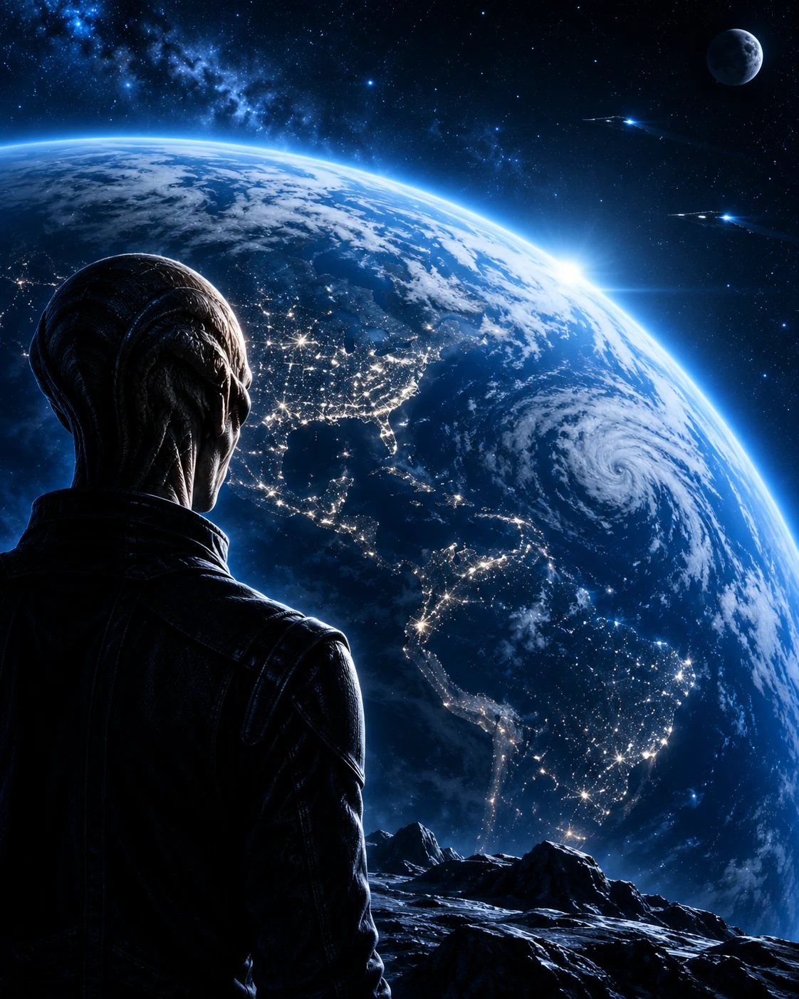 Alien X looking toward Earth from the darkness of space