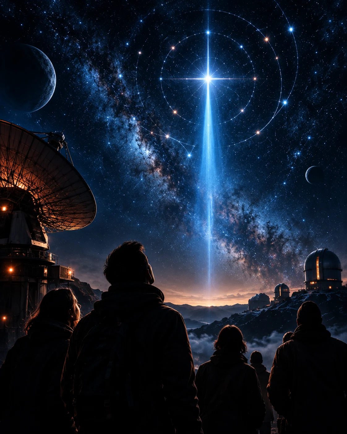 Witnesses looking toward a recognition signal in the night sky